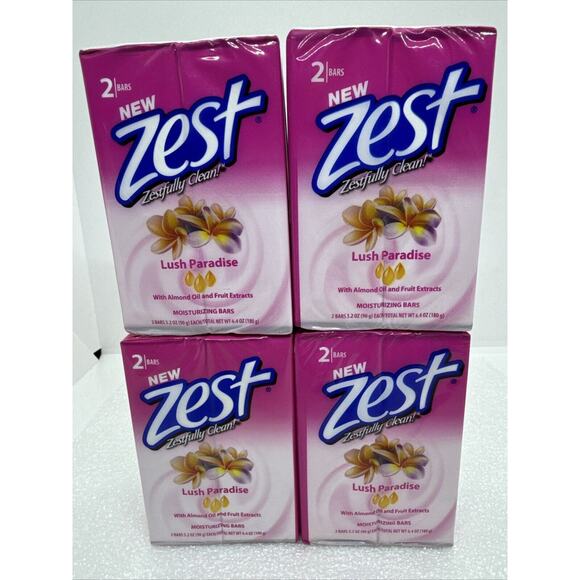 Lot Of 4 Zest 2-Bar Soap Packs Lush Paradise 3.2 Oz Ea Almond Oil Fruit Extracts - Picture 1 of 3